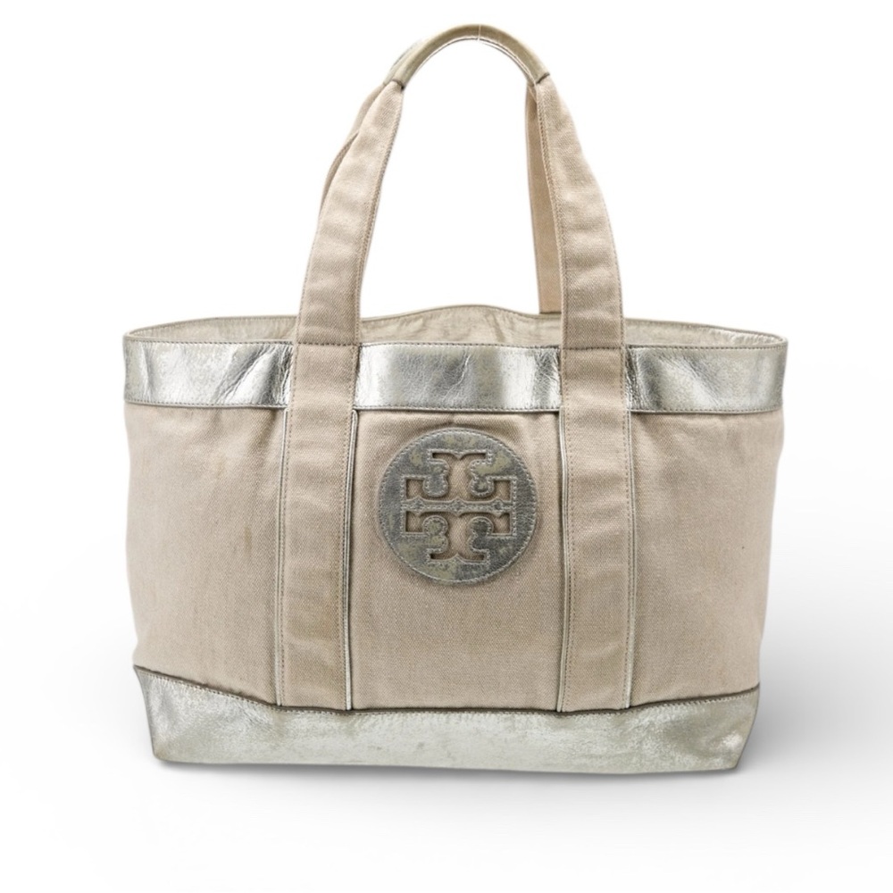 Tory Burch Beige Canvas Tote with Silver Trim